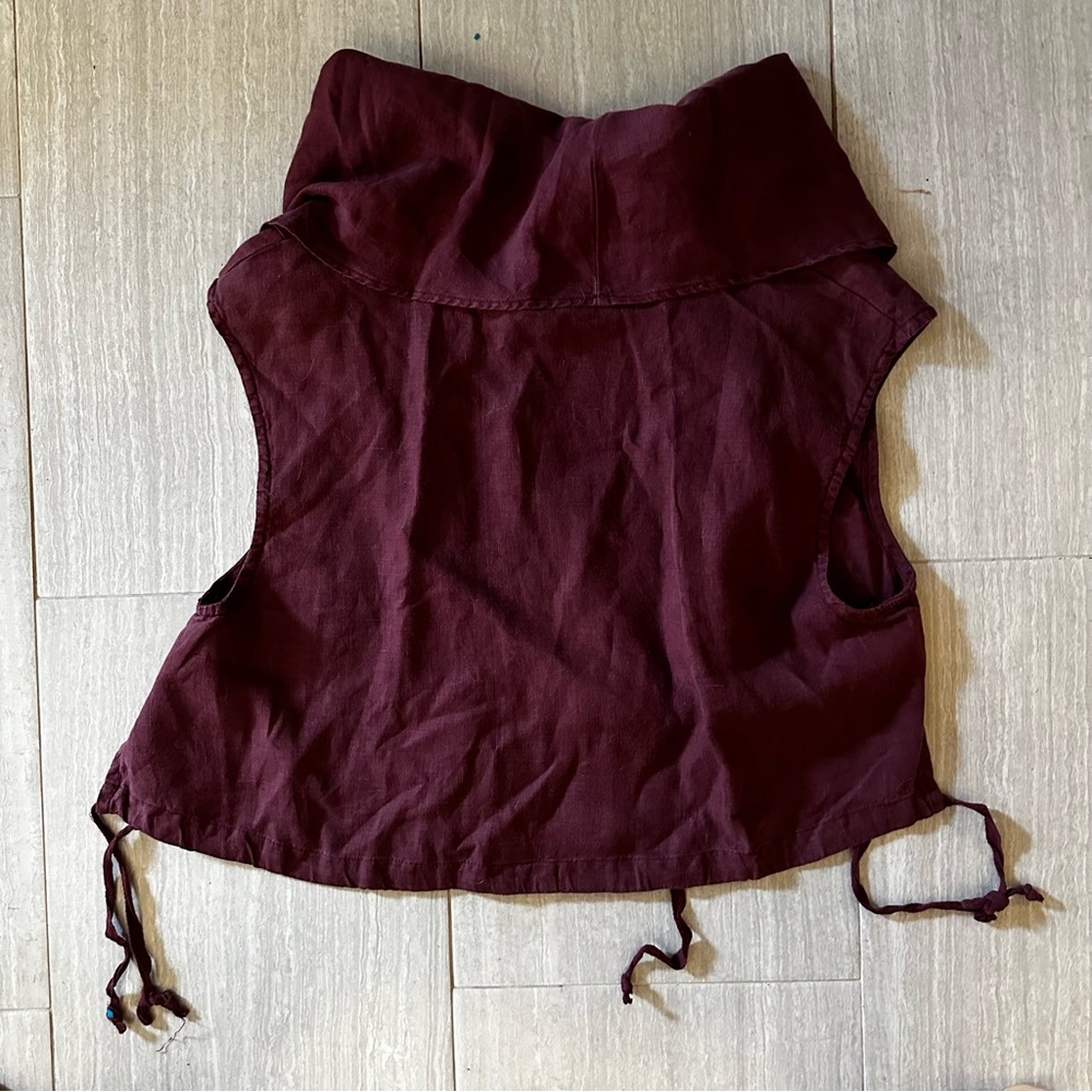 bryn Walker Pennie Vest Cowl Neck Asymmetrical Top Shirt L Burgundy 100% Linen